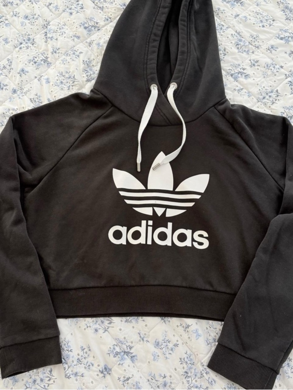 adidas originals Black Cropped Hoodie with White Trefoil - Picture 3 of 5